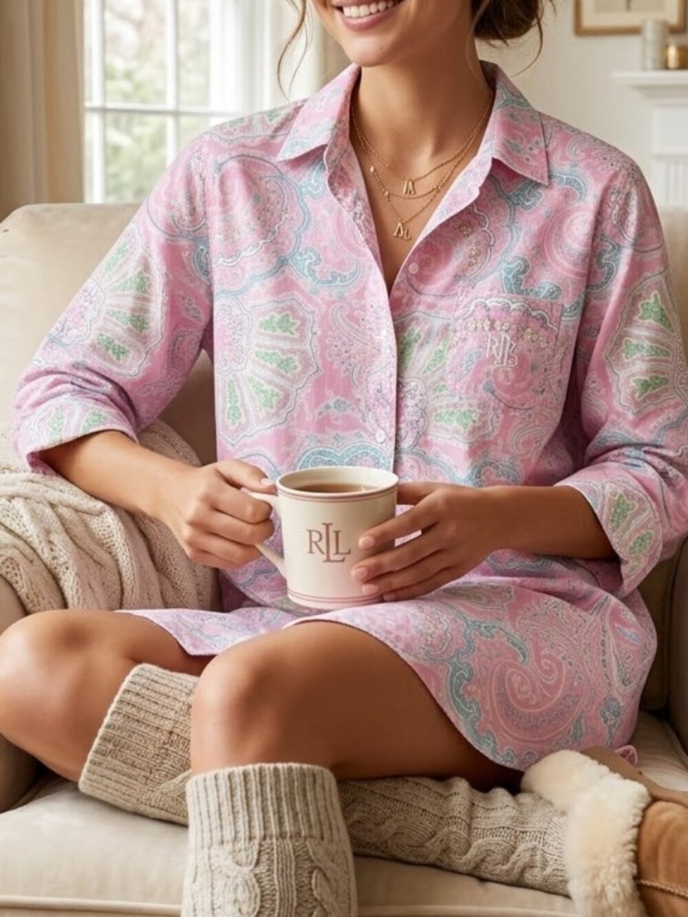 Lauren Ralph Lauren Sleep Shirt Women's Small Nightgown‎ Embroidered Logo Preppy